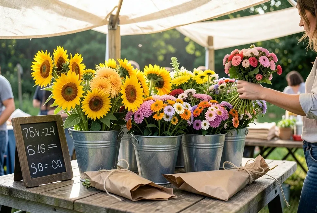 A farmers market flower stall with buckets of sunflowers, dahlias, and zinnias under an awning.