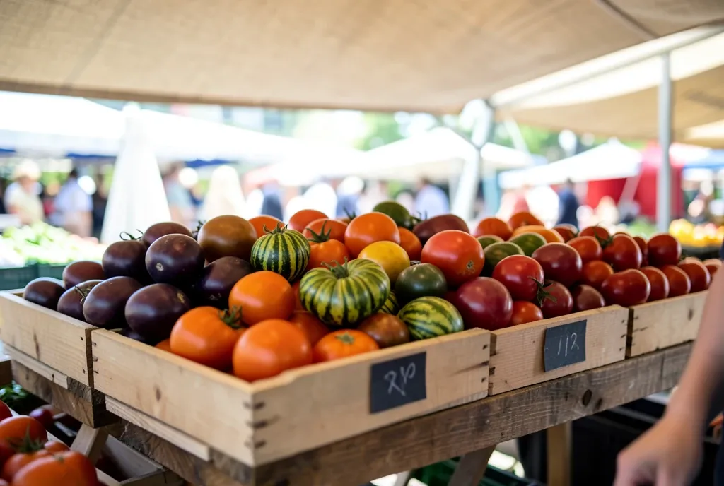 Market crates of heirloom tomatoes in purple, orange and green under a canvas awning