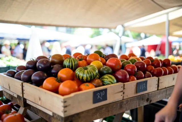 Market crates of heirloom tomatoes in purple, orange and green under a canvas awning