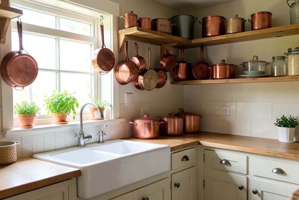 Bright farmhouse kitchen with open wooden shelves, hanging copper pots, white sink, and fresh herbs
