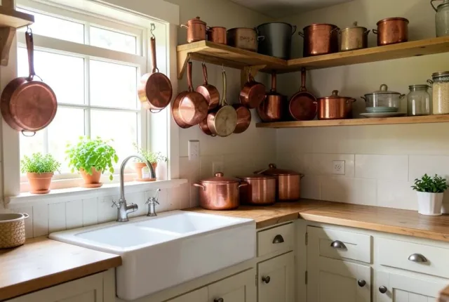 Bright farmhouse kitchen with open wooden shelves, hanging copper pots, white sink, and fresh herbs