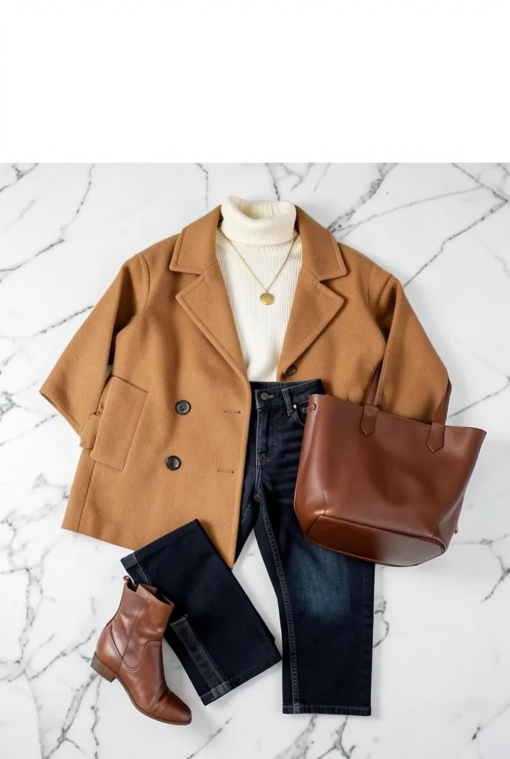 Fashion outfit Pinterest pin flat-lay of camel coat cream turtleneck and boots on white marble