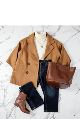 Fashion outfit Pinterest pin flat-lay of camel coat cream turtleneck and boots on white marble