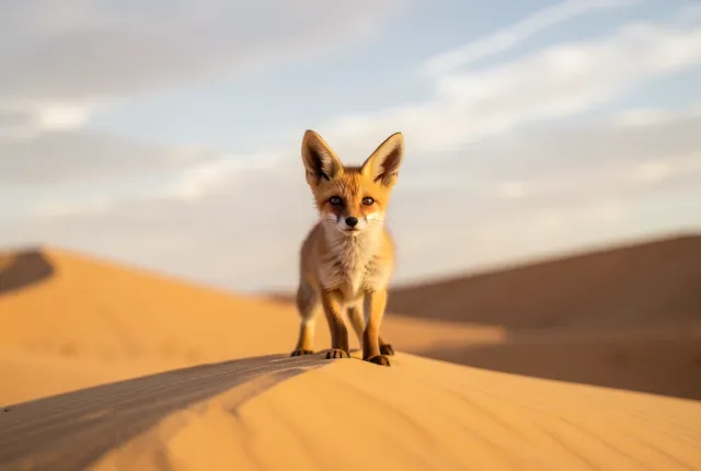 Tiny fennec fox with oversized ears standing on golden desert sand dunes in soft morning light