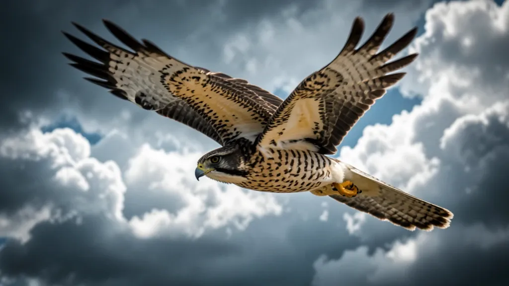 Fierce peregrine falcon diving with wings tucked against a dramatic cloudy sky