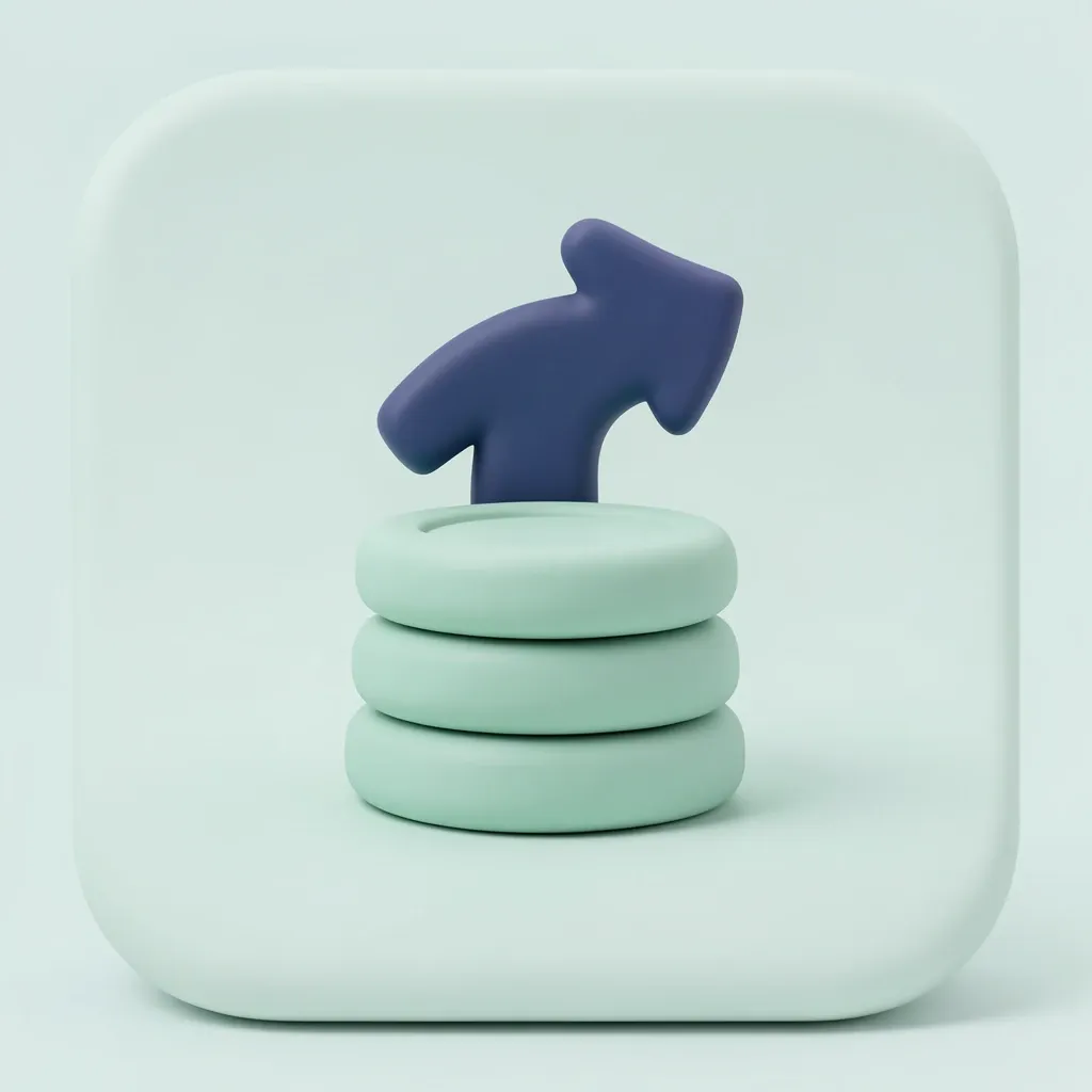 A soft 3D coin-stack and arrow finance app icon in mint and navy