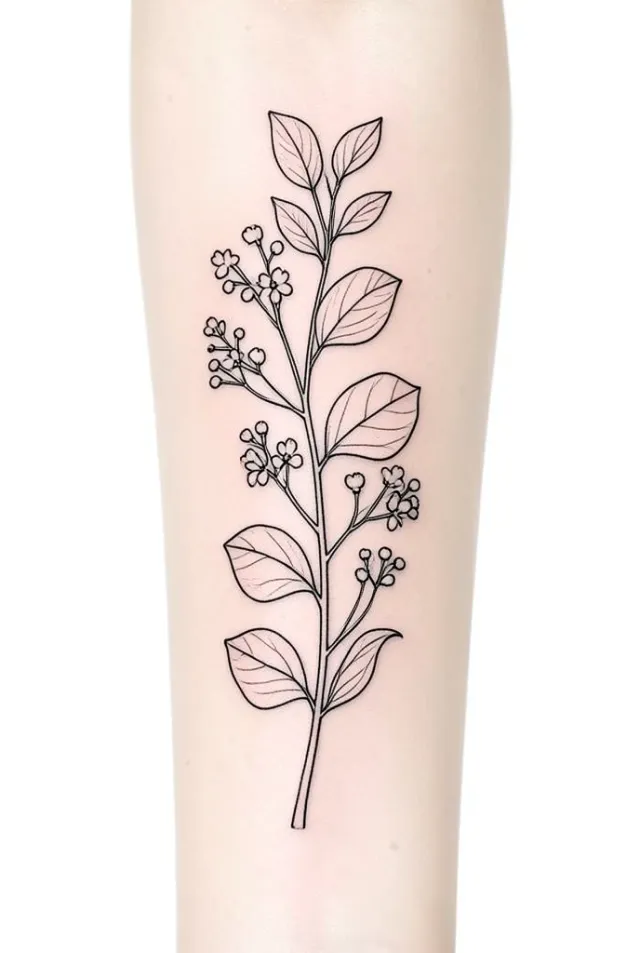 Fine line botanical tattoo design with eucalyptus branch wrapping on white