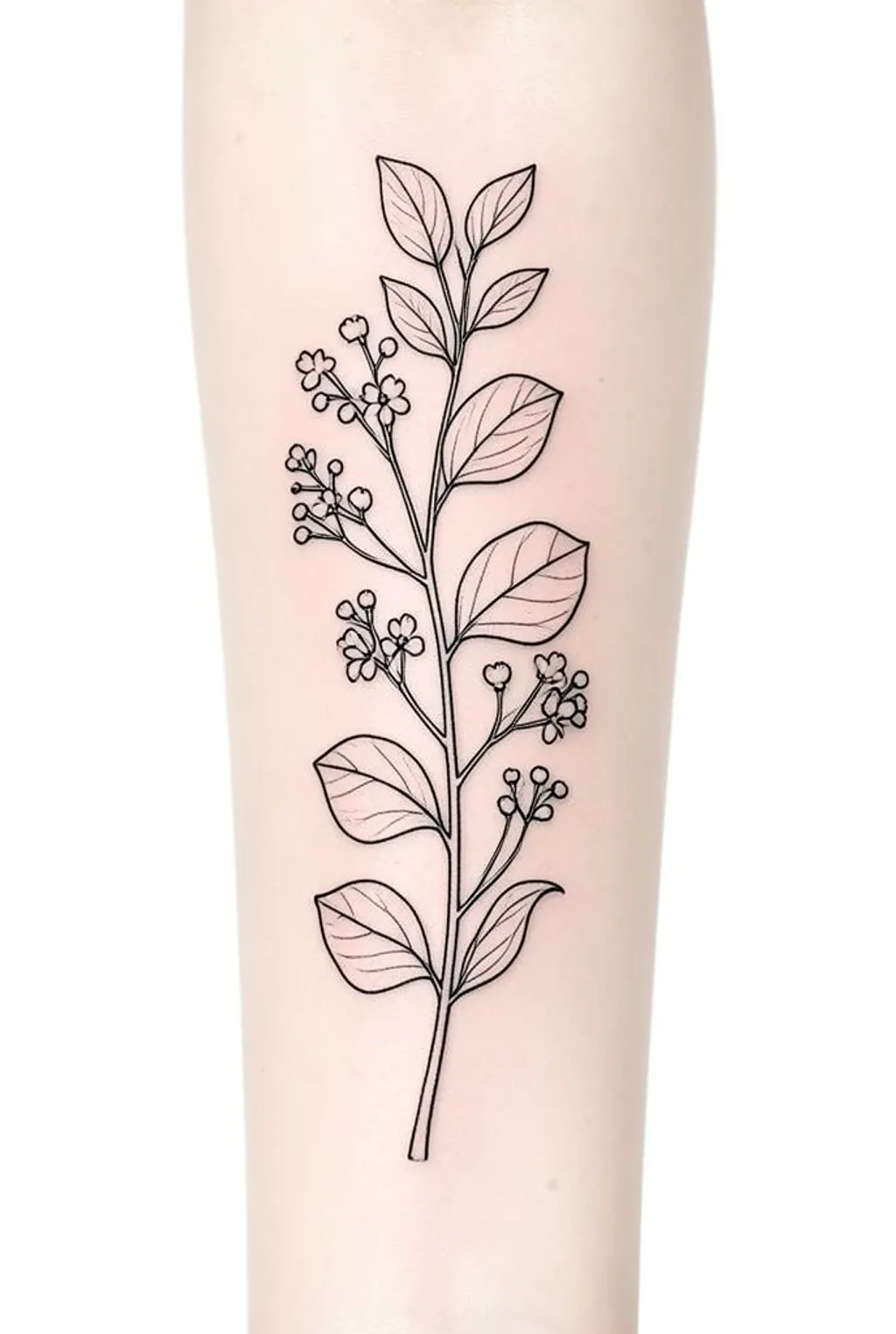 Fine line botanical tattoo design with eucalyptus branch wrapping on white