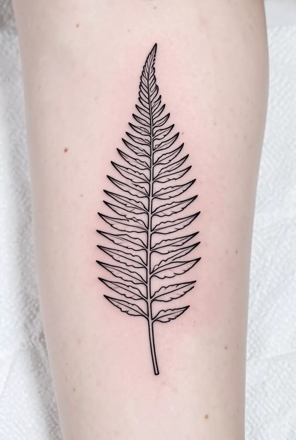Fine-line black-ink fern frond tattoo design with a coiled fiddlehead on bare pale skin