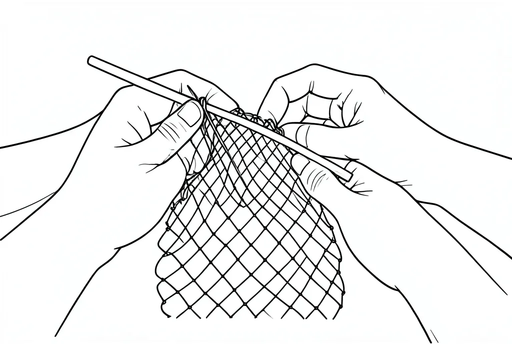 Line art of hands mending a knotted fishing net with a wooden netting needle.