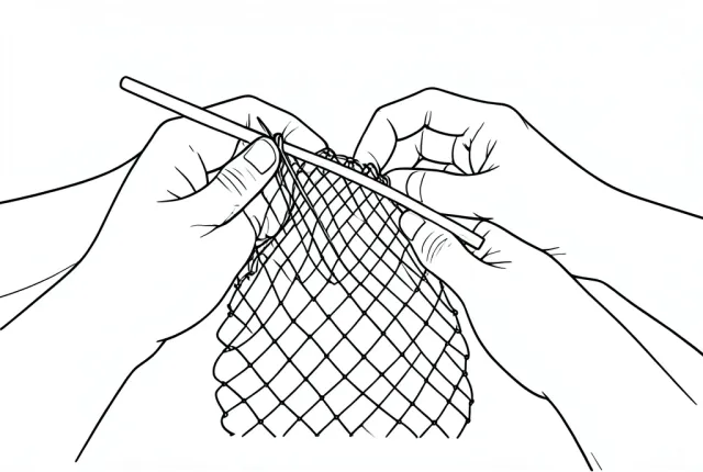 Line art of hands mending a knotted fishing net with a wooden netting needle.