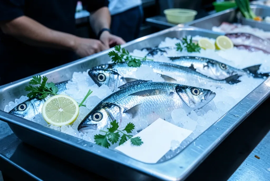 Morning fishmonger display of whole silver fish on crushed ice with lemon and parsley, no price cards