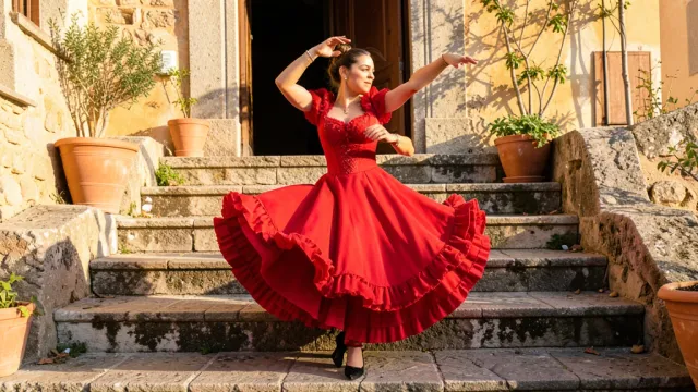 Flamenco dancer in ruffled red dress mid-twirl on ancient Spanish stone steps in warm sunlight