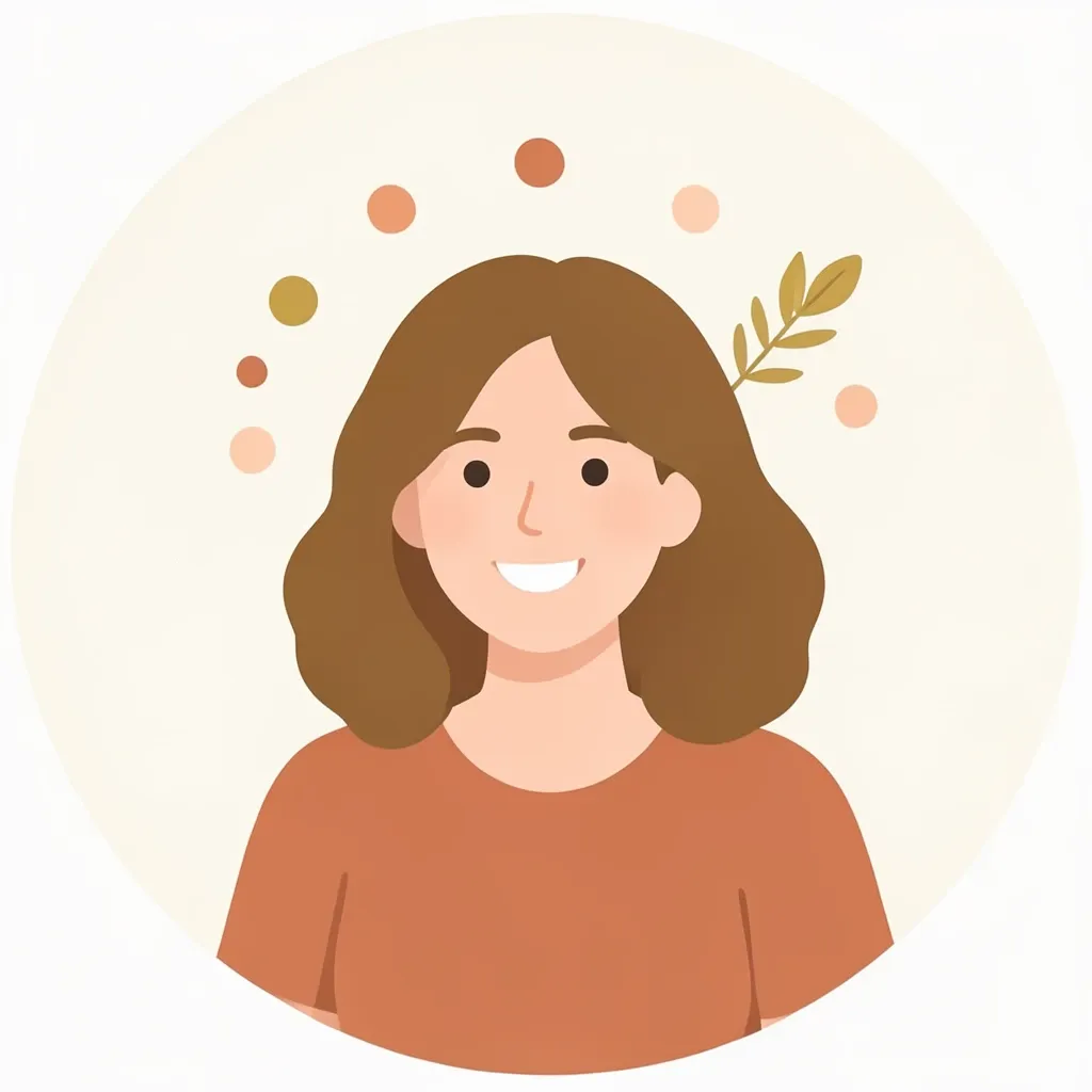 A warm flat-illustration avatar with abstract shape halo