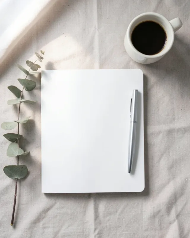 Flat lay stationery mockup with notebook, pen, and coffee on a desk