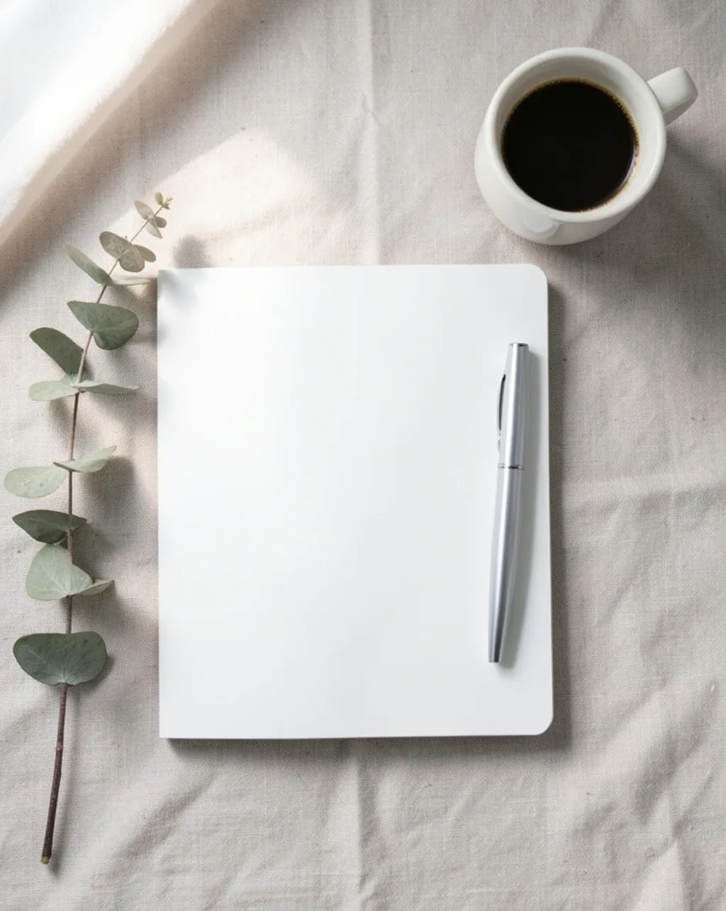 Flat lay stationery mockup with notebook, pen, and coffee on a desk