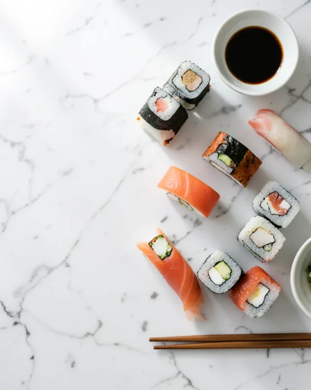 Flat lay sushi menu hero with nigiri and rolls on a clean white background
