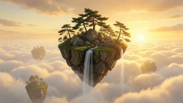 Floating island with pine trees and a waterfall spilling into clouds under a golden sunset fantasy sky