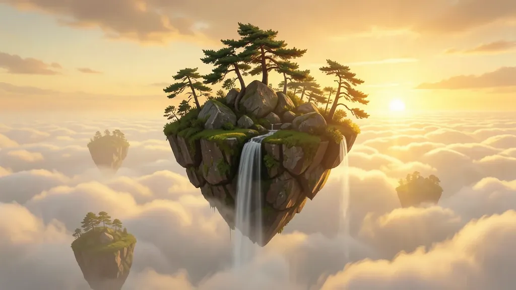 Floating island with pine trees and a waterfall spilling into clouds under a golden sunset fantasy sky