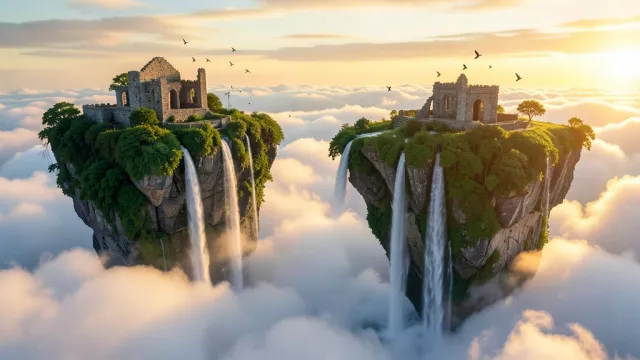 Floating green islands with waterfalls and ancient ruins above soft golden clouds