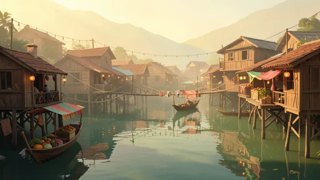 Floating market village concept art with stilt houses and boats in terracotta teal and mustard on a lagoon