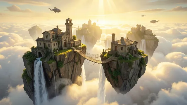 A fantasy city on floating sky islands linked by rope bridges with waterfalls spilling into clouds and airships