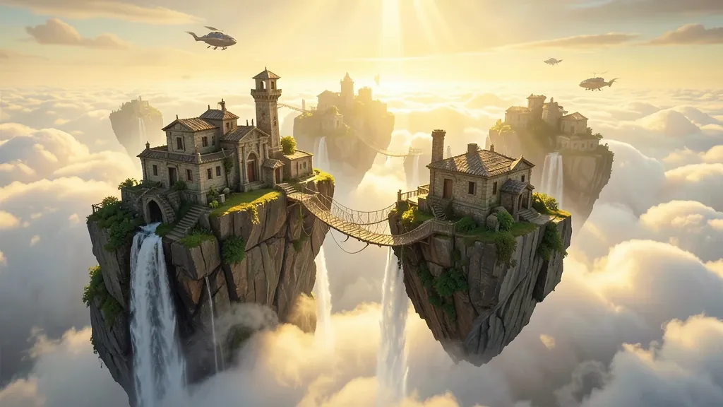 A fantasy city on floating sky islands linked by rope bridges with waterfalls spilling into clouds and airships