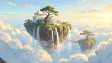 Floating sky islands with waterfalls dissolving into clouds