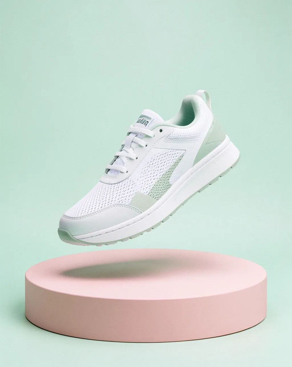 An unbranded sneaker floating over a pastel podium