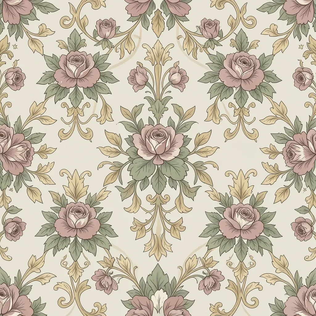 Vintage floral damask seamless pattern in muted rose, sage green and cream