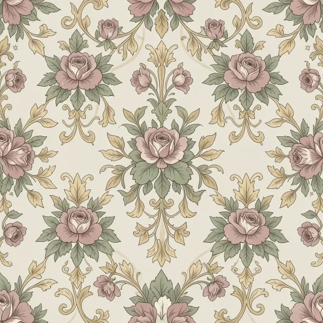 Vintage floral damask seamless pattern in muted rose, sage green and cream