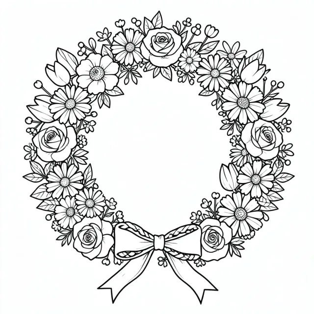 Round floral wreath adult coloring page with roses, daisies, tulips, ribbon bow and berries in bold outlines
