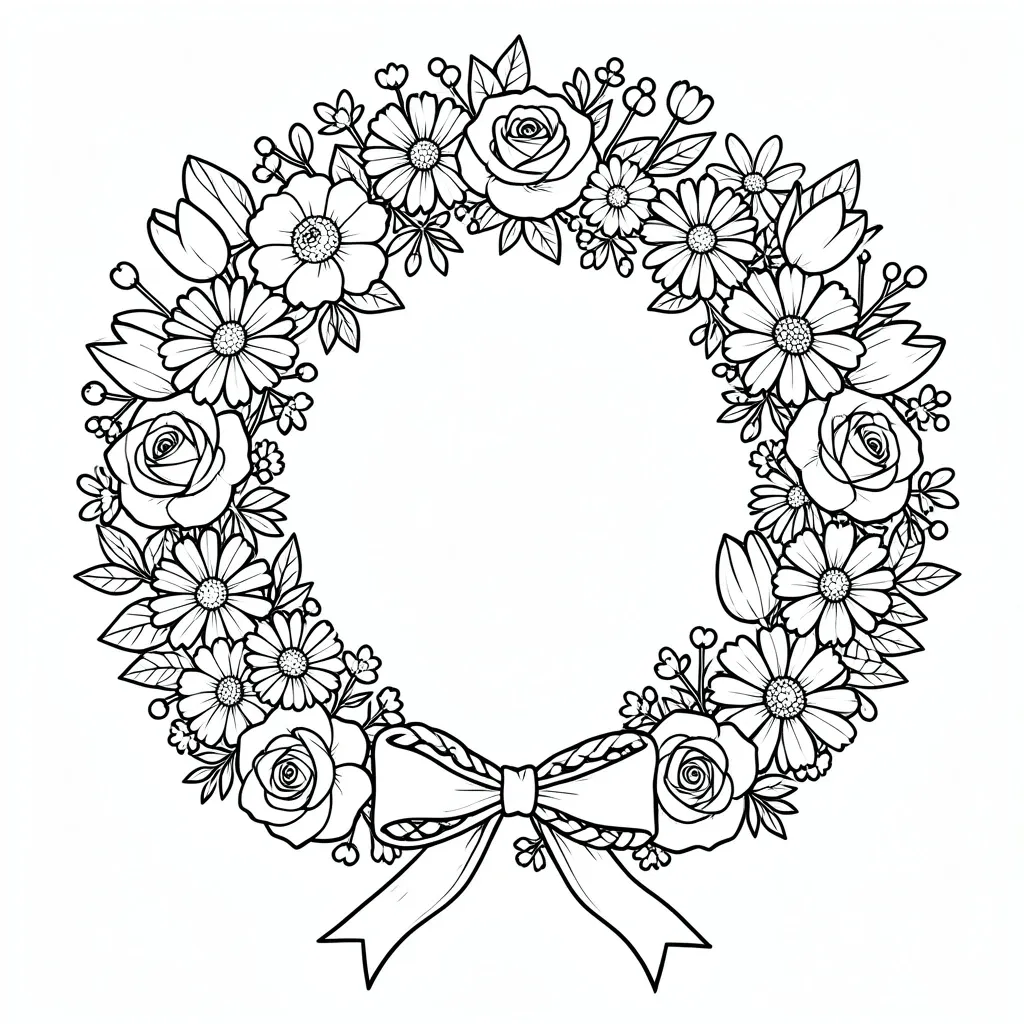 Round floral wreath adult coloring page with roses, daisies, tulips, ribbon bow and berries in bold outlines