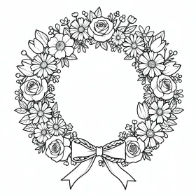 Round floral wreath adult coloring page with roses, daisies, tulips, ribbon bow and berries in bold outlines