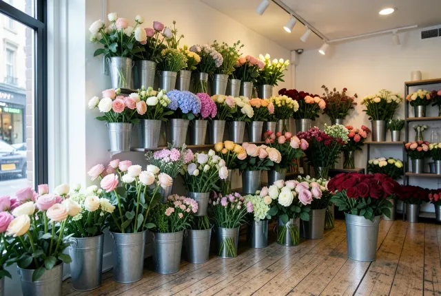 A florist shop wall of galvanised buckets filled with fresh cut flowers