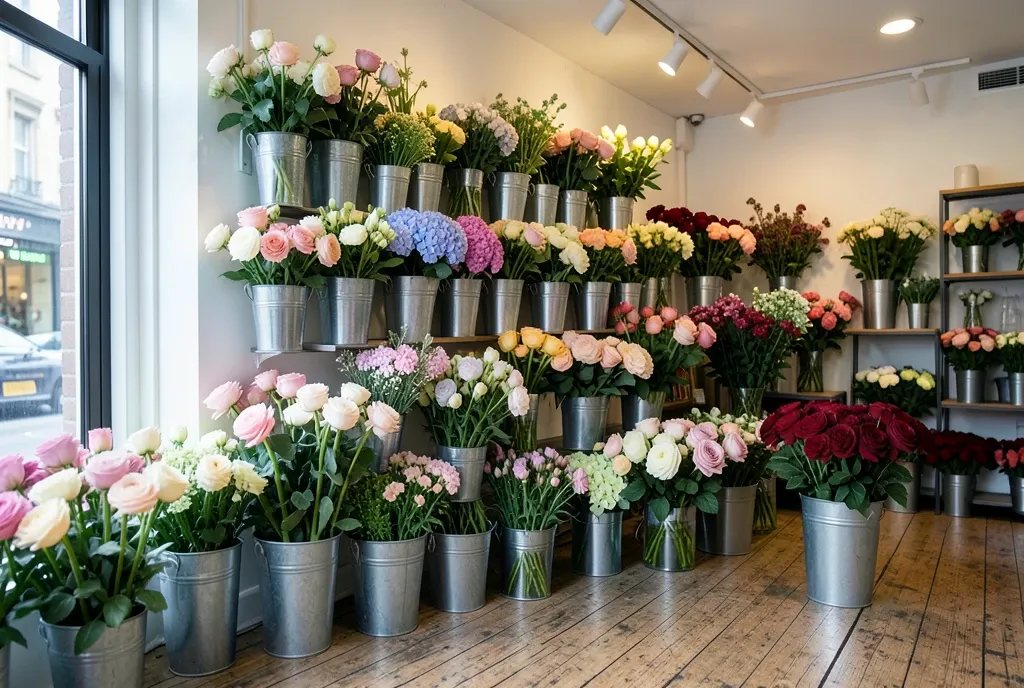 A florist shop wall of galvanised buckets filled with fresh cut flowers