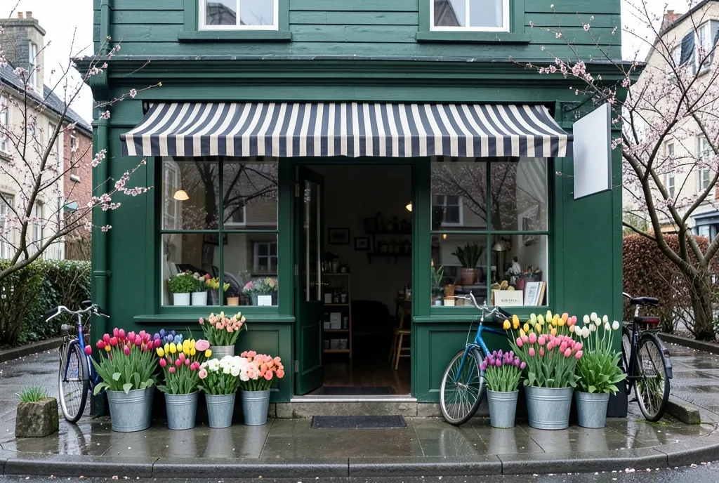 Independent florist shop front in spring with buckets of tulips and blossom beside an open door