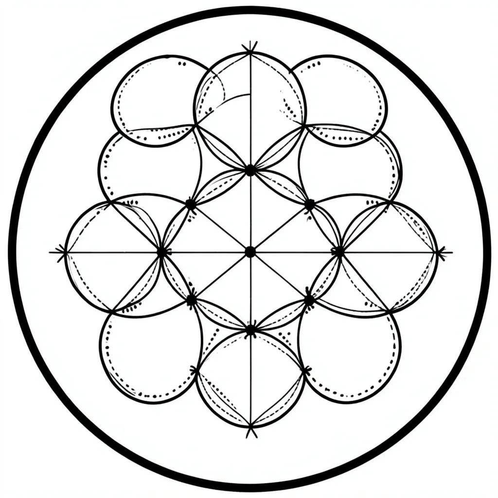 Flower of life sacred geometry tattoo with nineteen overlapping circles in black linework on white paper