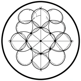 Flower of life sacred geometry tattoo with nineteen overlapping circles in black linework on white paper