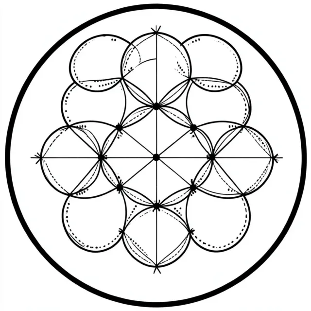 Flower of life sacred geometry tattoo with nineteen overlapping circles in black linework on white paper