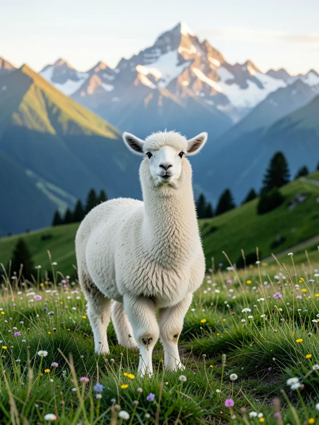 Fluffy alpaca standing in a green mountain meadow with wildflowers and distant peaks