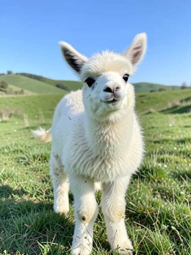 Young fluffy white alpaca with big dark eyes standing in a green pasture with soft hills