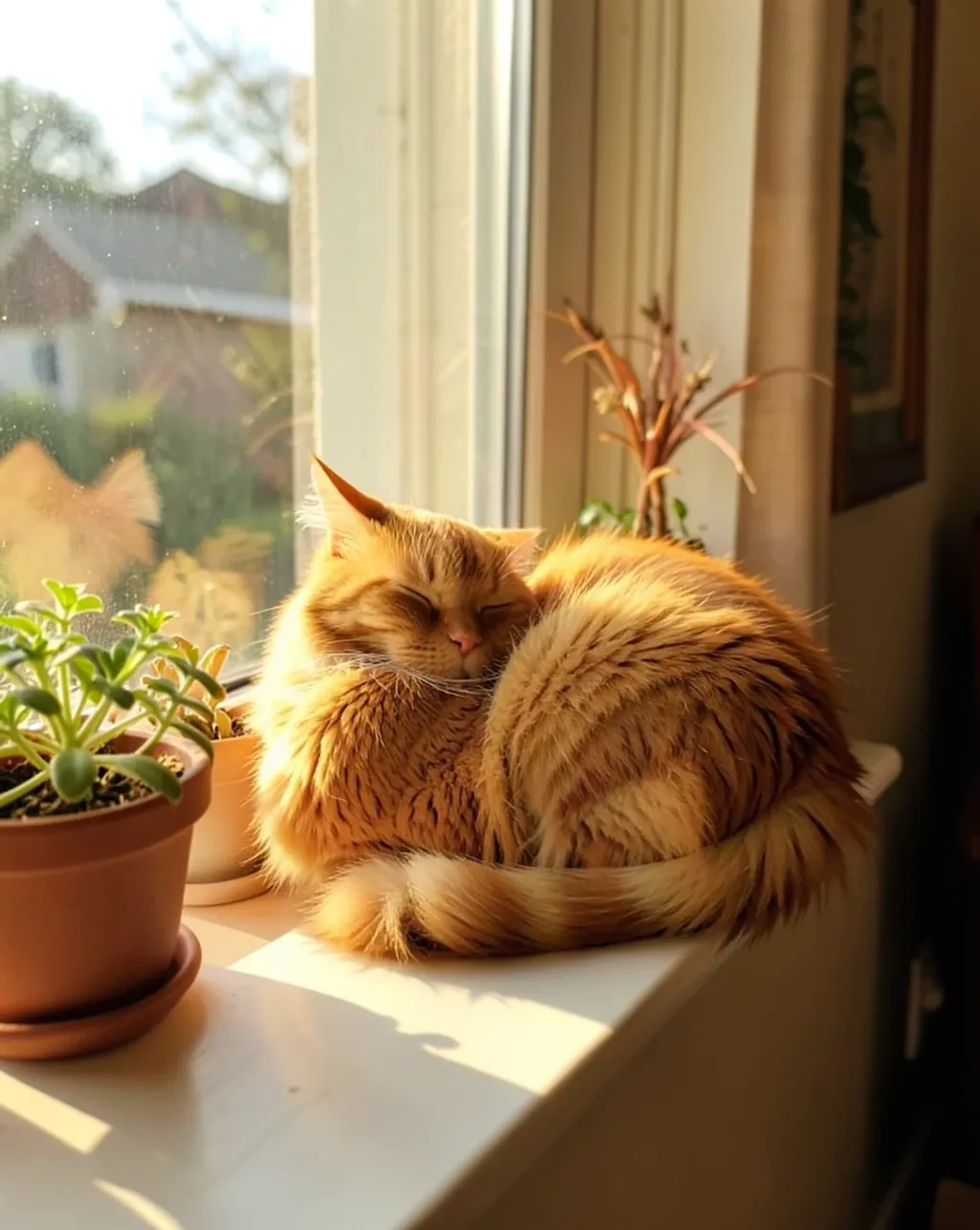 Fluffy orange tabby cat curled in a window sunbeam with potted plants on the sill
