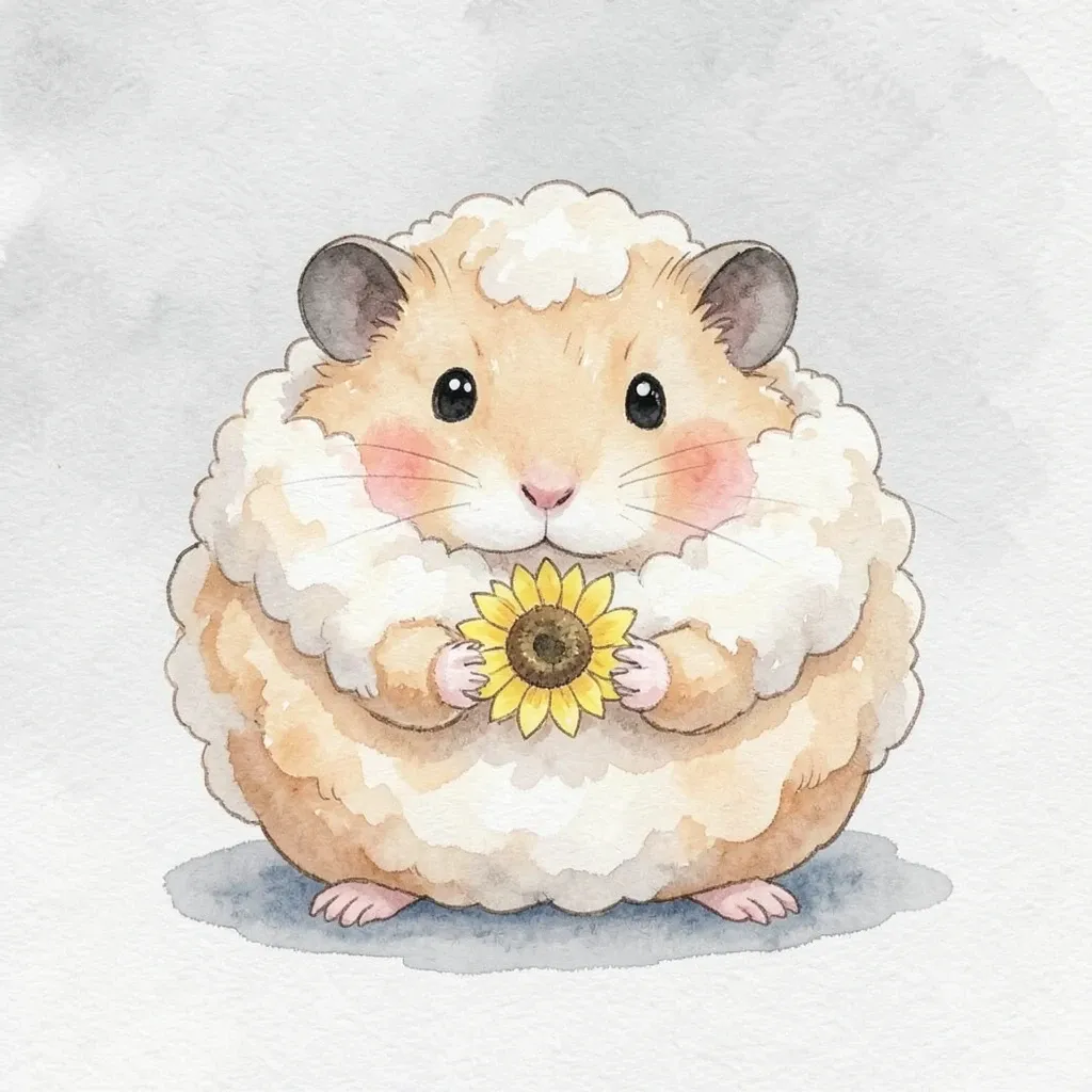 Fluffy round hamster with bulging cheeks holding a sunflower seed in tiny paws in watercolor