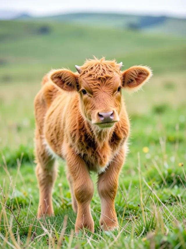 Young fluffy highland calf with shaggy ginger fur and small horns standing in a green meadow