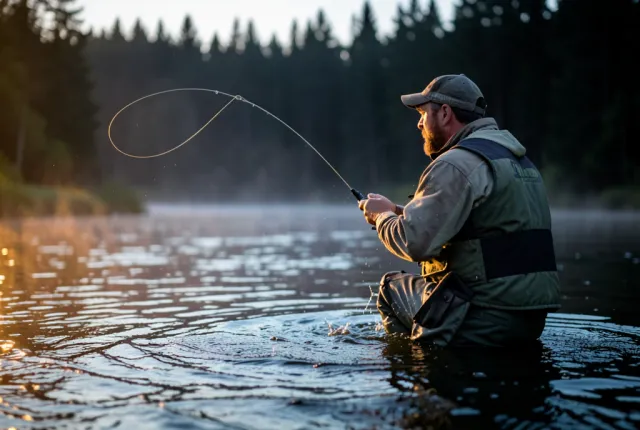 A fly fisherman mid-cast on a misty river at dawn, line looping overhead in golden light.