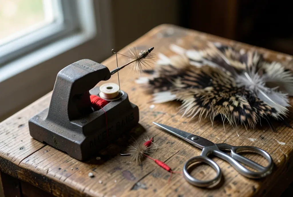 A fly-tying bench with a vice, thread, feathers, and a half-finished fly in window light.