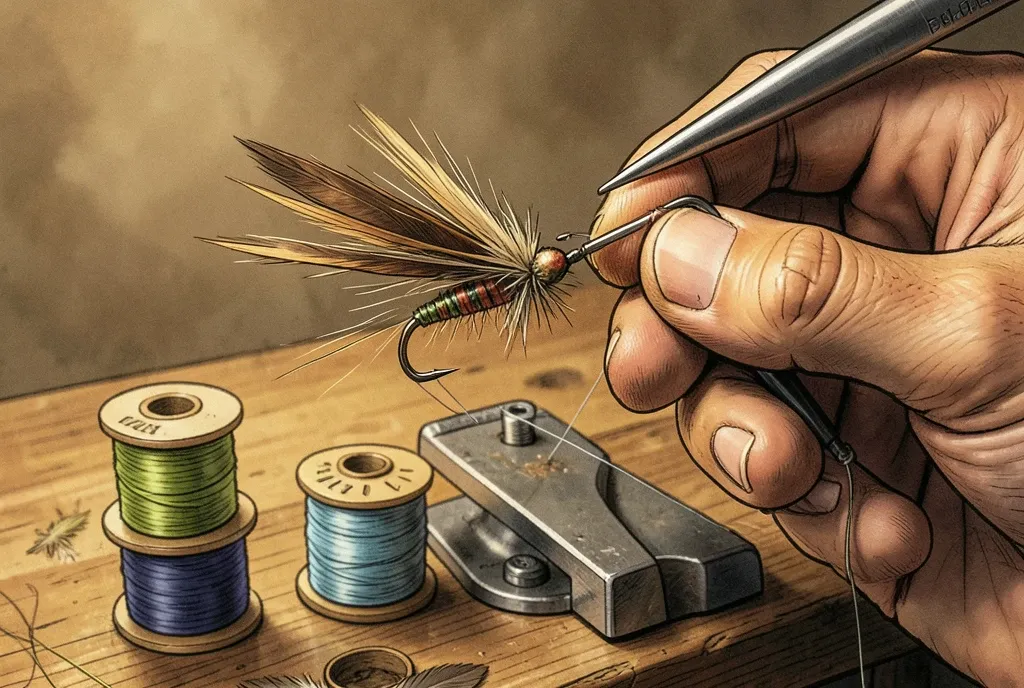 A fly tier wrapping thread and feathers around a hook held in a tying vise
