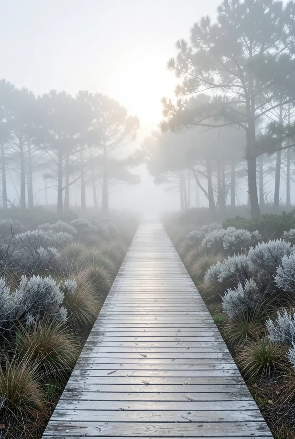 Weathered timber boardwalk vanishing into heavy fog between pale coastal pines at dawn