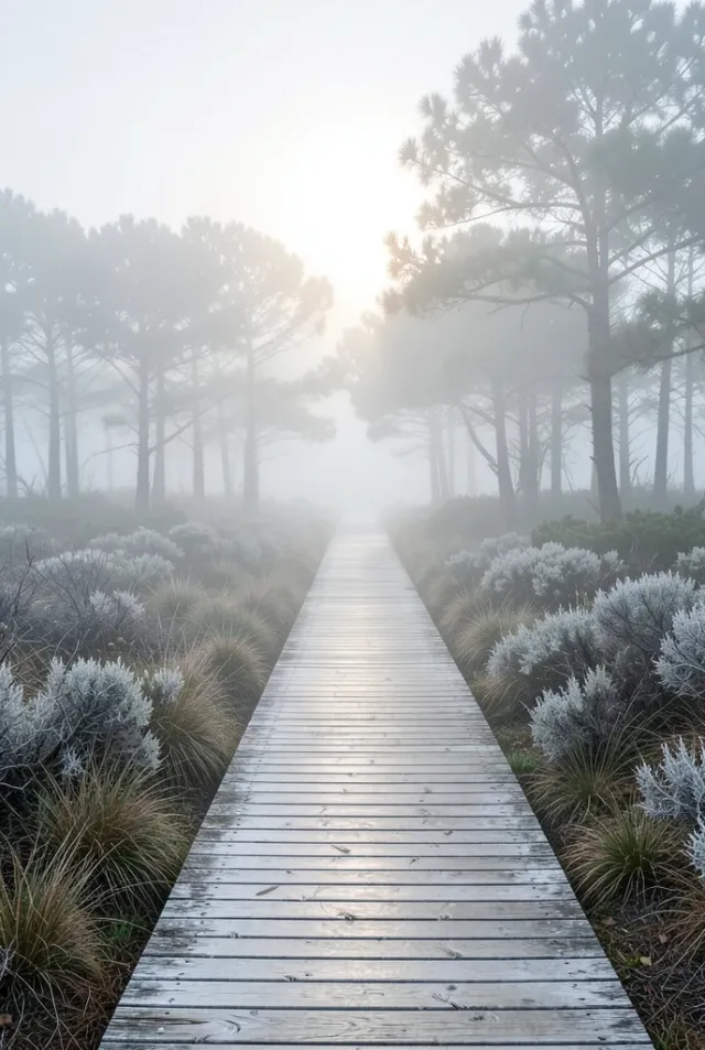 Weathered timber boardwalk vanishing into heavy fog between pale coastal pines at dawn